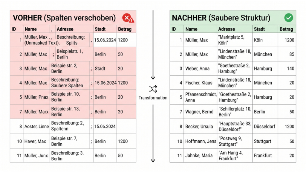Vorher-Nachher-Vergleich: Verrutschte CSV-Spalten durch Trennzeichenfehler und Zeilenumbrüche im Vergleich zu bereinigter Tabellenstruktur