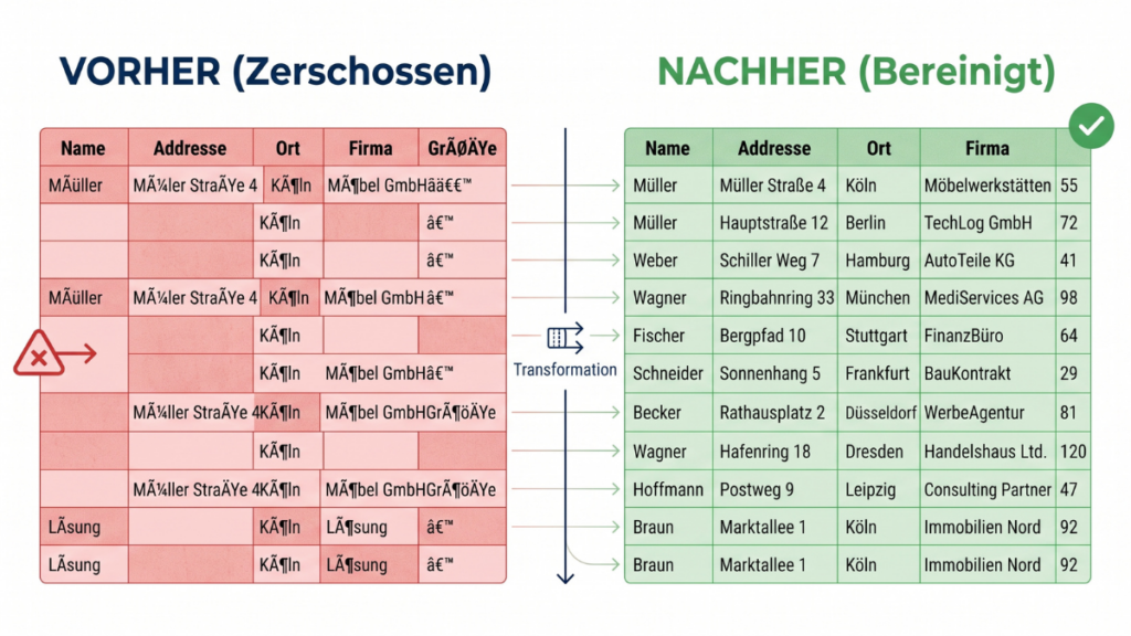 Vorher-Nachher-Vergleich: Zerschossene Umlaute und Formatfehler in CSV-Datei im Vergleich zu bereinigten, strukturierten Daten
